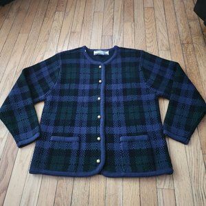 Vintage Crystal Kobe Plaid Cardigan Sweater Medium Green Blue Gold Buttons